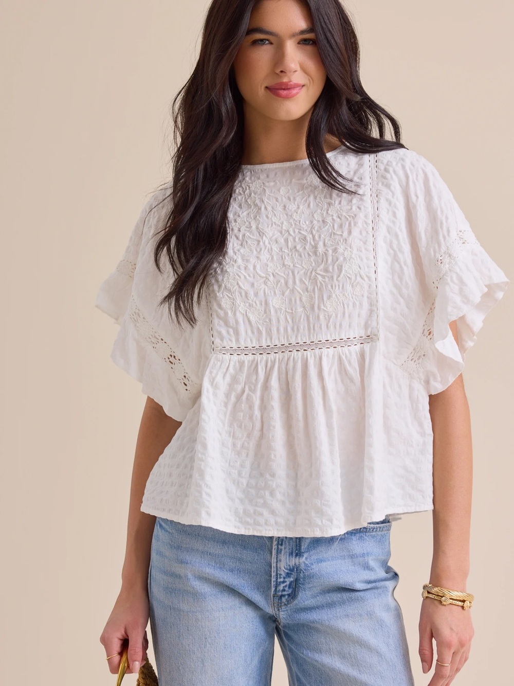 Altar’d State White Embroidered Textured Babydoll Tunic Blouse Size Small NWT